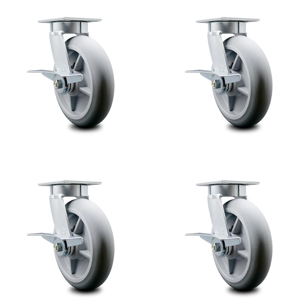 8 Inch Kingpinless Thermoplastic Rubber Wheel Swivel Caster Set with Brakes SCC